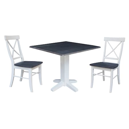 International Concepts 36 in. Solid Wood Square Dual Drop Leaf Dining Table with 2 Chairs in White/Heather Gray K05-36SDP-C613-2